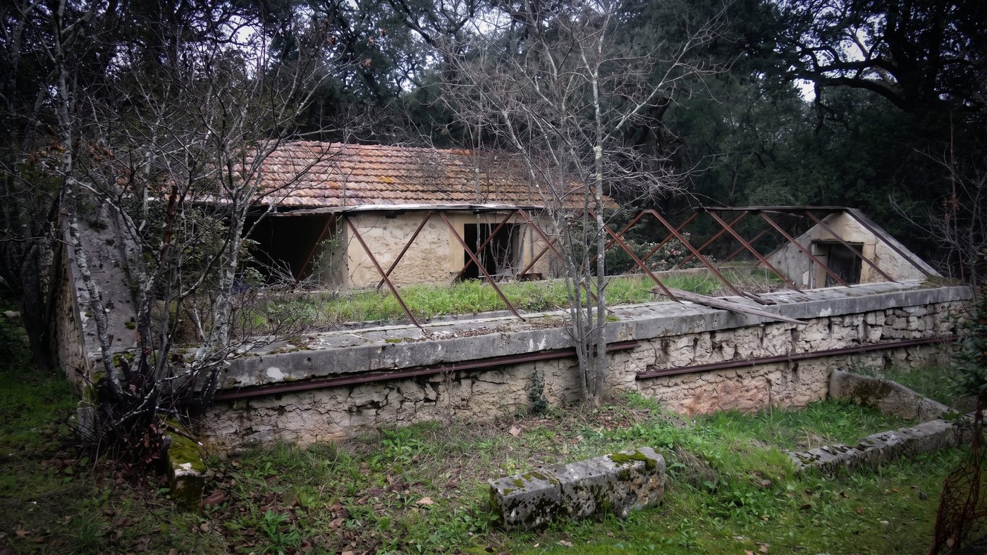 Rangée de dépendances aux toits de tuiles, nichées au cœur du parc boisé