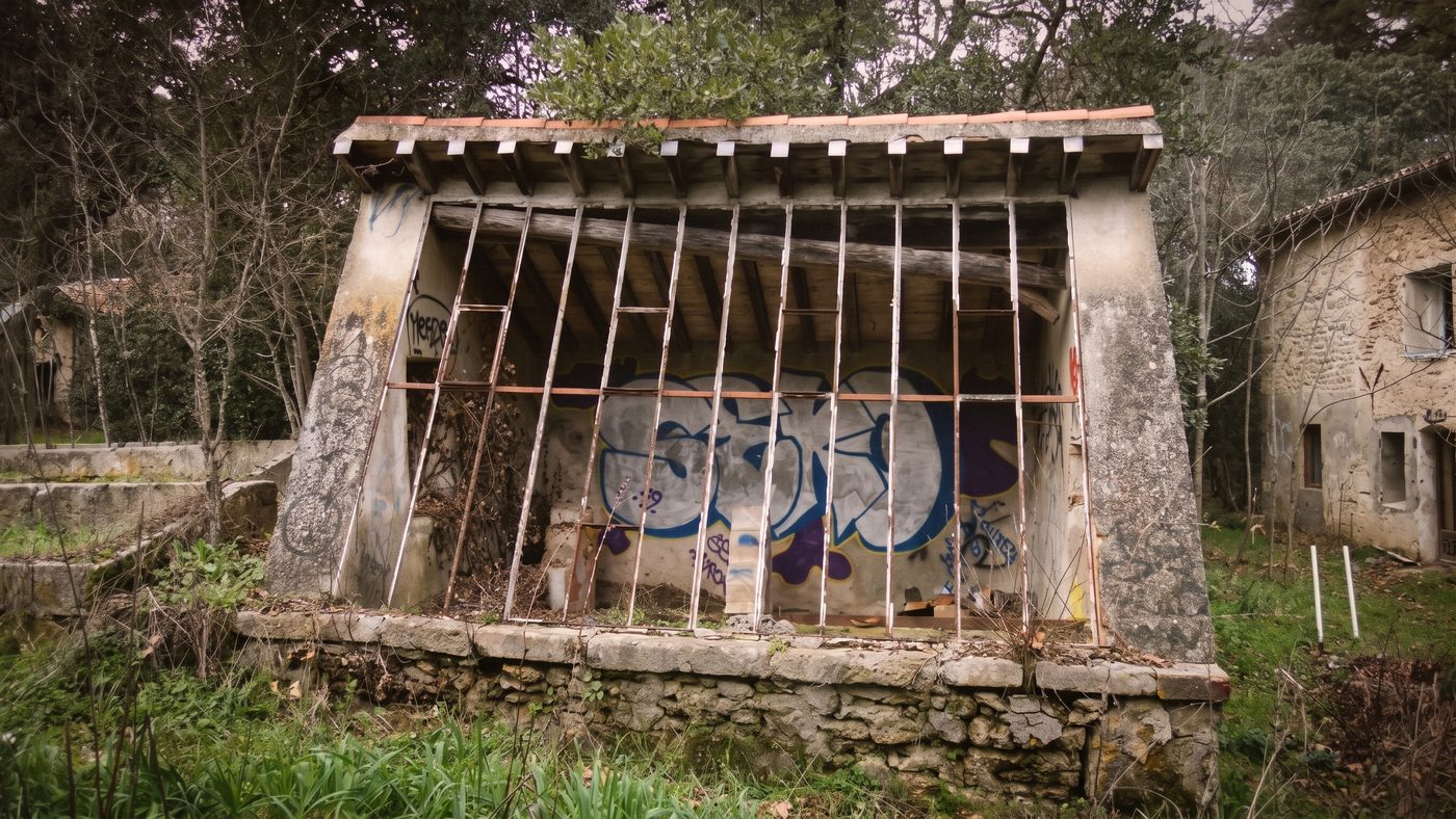 Vestiges d'une ancienne serre du domaine, structure métallique à ciel ouvert envahie par la végétation