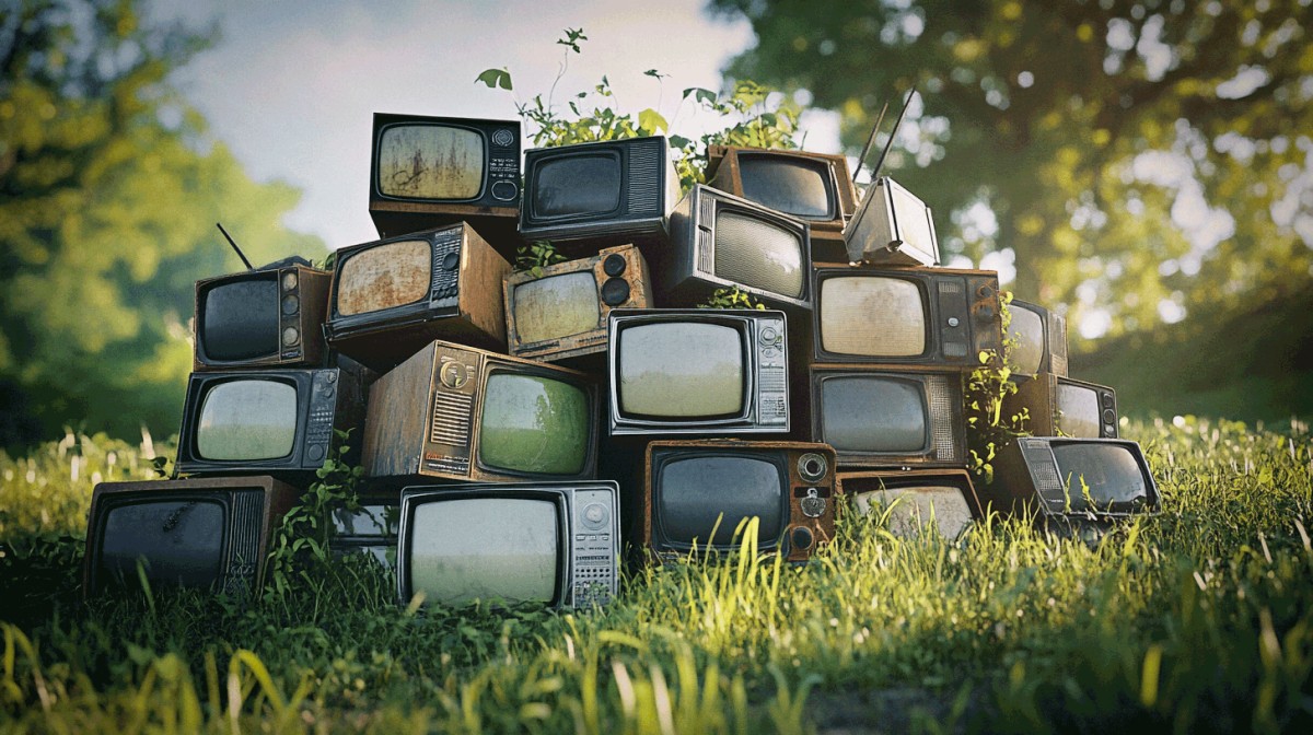 Installation d'anciens téléviseurs empilés dans le parc du Château