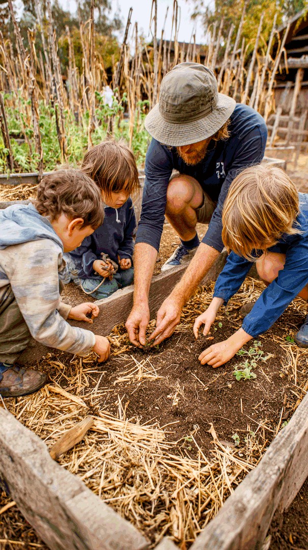 Un adulte et trois enfants plantent des semis dans un carré potager