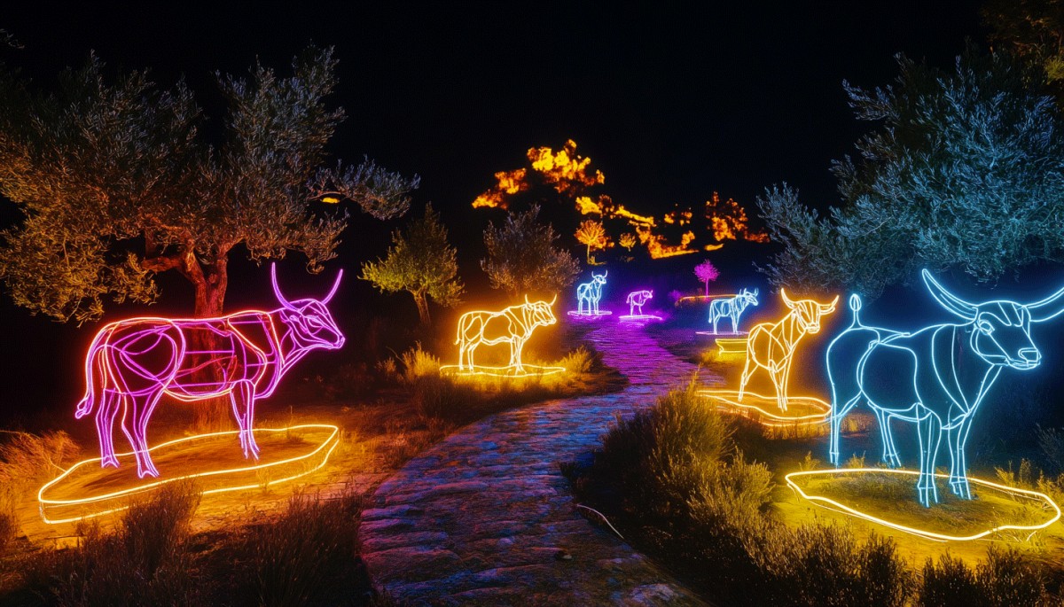 Installation d'art au néon représentant des taureaux dans le parc, de nuit